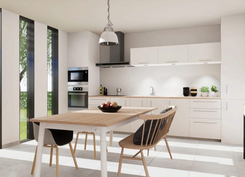 extension pour une cuisine de 17m2 blanche avec baies vitrées fixes panoramiques verticales