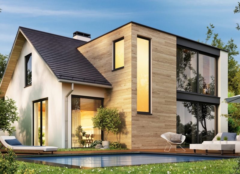 extension à toit plat avec surélévation recouvert d'un bardage bois composite sans entretien